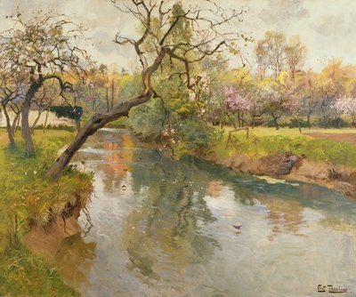 Frans rivierlandschap met een bloeiende boom door Frits Thaulow