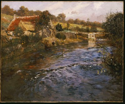 Rivierlandschap met een wasvrouw door Frits Thaulow