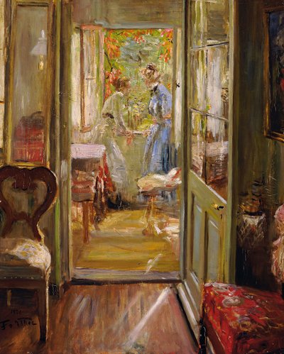 De dochters van de kunstenaar op de veranda door Fritz von Uhde
