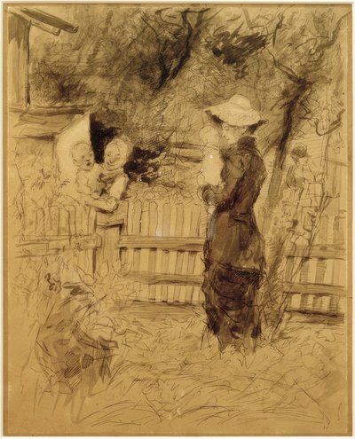 Vrouwen met kinderen op de arm in de tuin door Fritz von Uhde