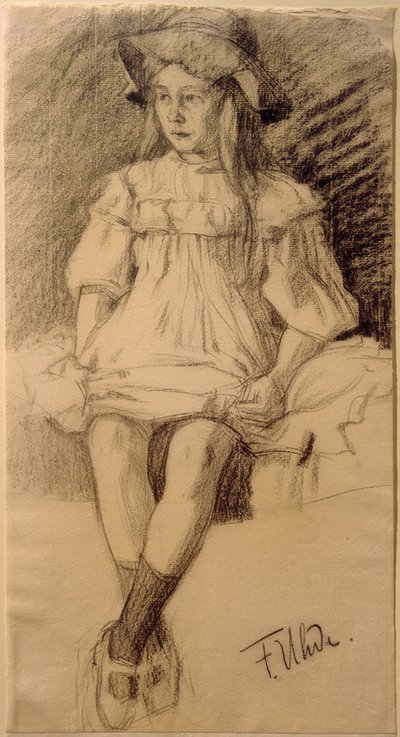 Zittend meisje met hoed door Fritz von Uhde