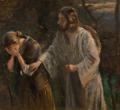 Vrouw, waarom huil je? door Fritz von Uhde