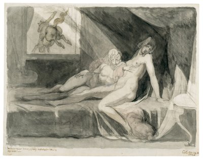 Alp verlaat de slaapkamer van twee slapende vrouwen, 1810 door Füssli