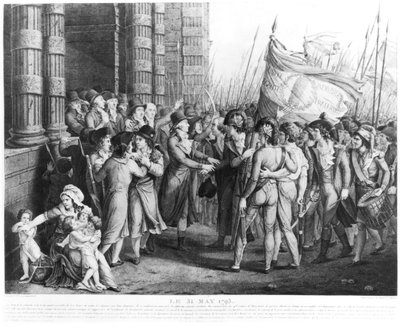 Afgevaardigden van de Nationale Conventie verlaten de Vergadering in de Tuilerieën, 31 mei 1793, gegraveerd door Jean Joseph Tassaert door Fulchran Jean Harriet