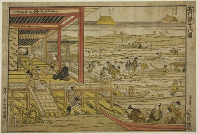 Schelpdieren verzamelen bij eb in Shinagawa (Shinagawa shiohigari no zu) door Furuyama Moromasa