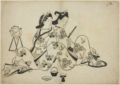 Rug aan rug, uit een serie van 12 prenten door Furuyama Moroshige