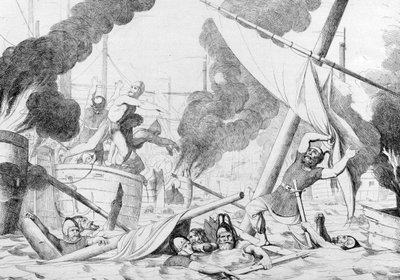 Grieks vuur tijdens het Beleg van Constantinopel, voor 1839 door Fyodor Antonovich Bruni
