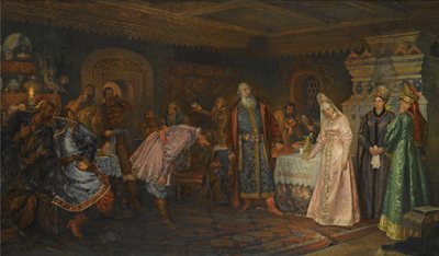 De kusceremonie. Boyar Morozov, zijn vrouw Yelena en prins Serebrenni door Fyodor Fyodorovich Buchholz