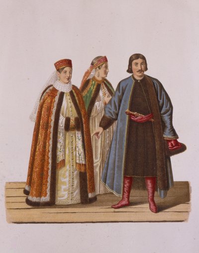 Kleding van de ongetrouwde Boyars dochters ten tijde van Peter I Uit de serie Kleding van de door Fyodor Grigoryevich Solntsev