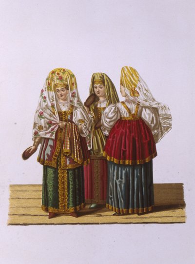 Kostuums van vrouwen en meisjes uit Tver uit de serie Kleding van de Russische staat door Fyodor Grigoryevich Solntsev