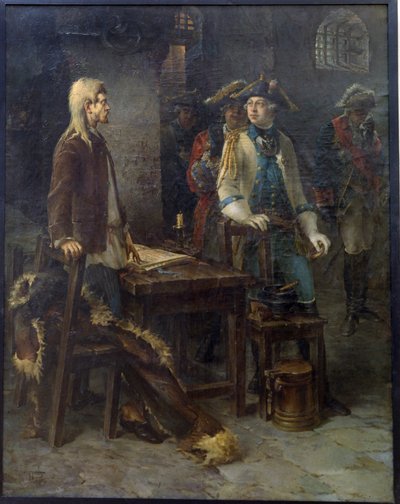 Tsaar Peter III bezoekt Ivan VI (1740-1764) opgesloten in de vesting van Shlisselburg in 1762. door Fyodor Jemelyanovich Burov