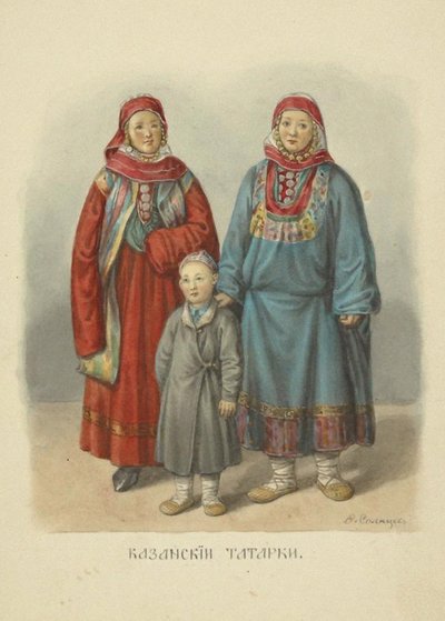 Kazan Tataarse Vrouwen, illustratie uit de serie Kleding van de Russische Staat, 1869 door Fyodor Grigoryevich Solntsev