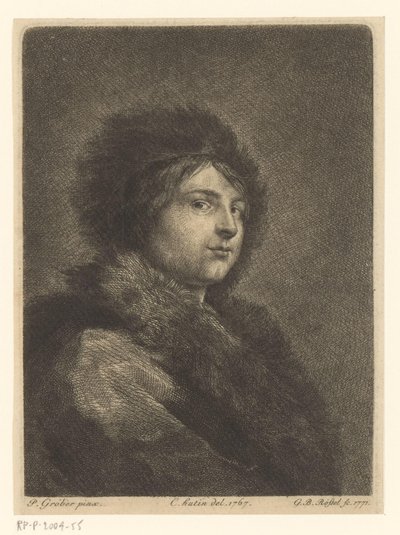Portret van een onbekende jongeman met bontmantel en bontmuts door G.B. Rössel