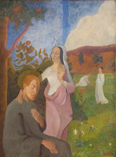 Decoratief schilderij. Het visioen van Sint Franciscus met de drie witte maagden door G.F. Clement