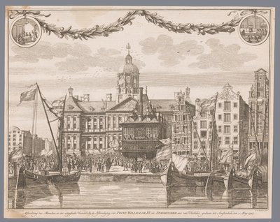 Menigte op de Dam in Amsterdam viert de afkondiging van Willem IV als stadhouder door G.J. Marstaller