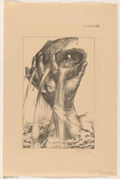 Hand die een oester met parel uit zee opheft door G.L. Furiacovics (signed by artist)