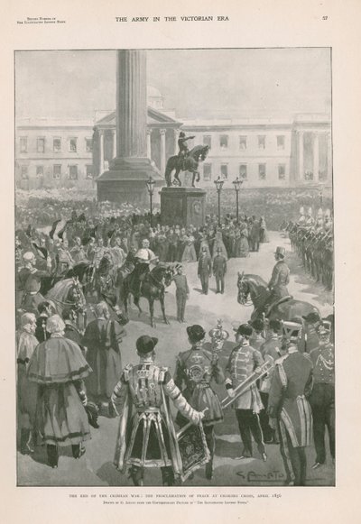 Het einde van de Krimoorlog: proclamatie van vrede op Charing Cross, Londen, april 1856 (fotogravure) door G.S. (after) Amato