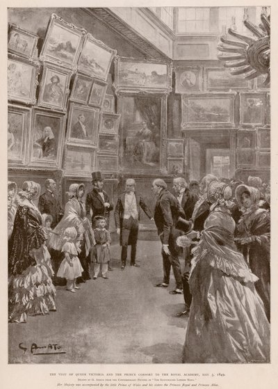 Bezoek van Koningin Victoria en Albert, Prins-Gemaal aan de Koninklijke Academie, Londen, 3 mei 1849 (fotogravure) door G.S. (after) Amato