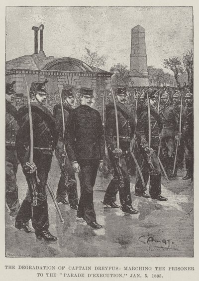 De degradatie van kapitein Dreyfus, de gevangene marcheren naar de Parade d