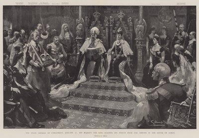 De staatsopening van het parlement, 16 januari, Zijne Majesteit de Koning leest zijn toespraak vanaf de troon in het Hogerhuis door G.S. Amato