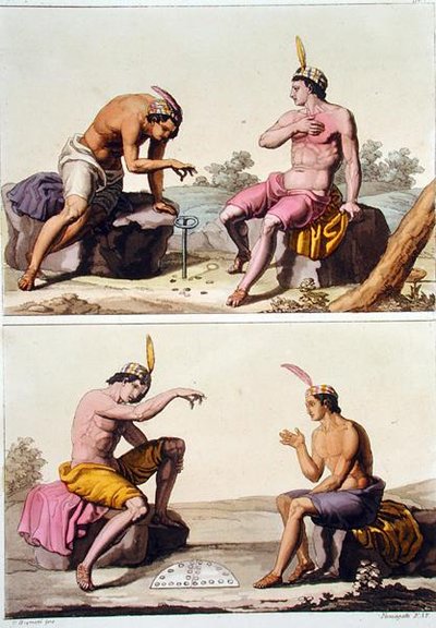Indianen spelen Queciu (boven) en Porotos (onder), Chili, uit 
