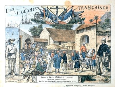 Schoolboekomslag met scènes in de Franse koloniën van Senegal en Soedan, eind negentiende eeuw door G. (after) Dascher