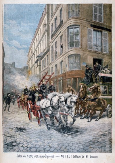 Brandweerwagen op weg naar een brand, Parijs, 1896 door G. Busson