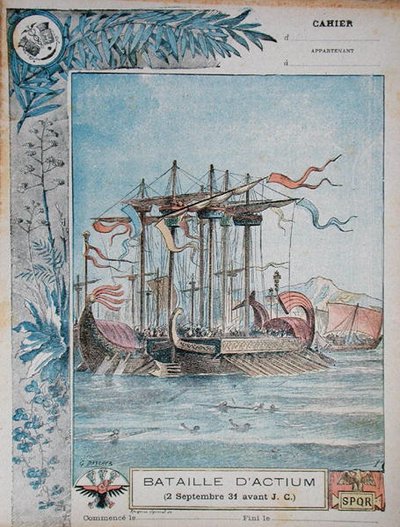 Omslag van schoolschrift met illustratie van de Slag bij Actium, 2 september 31 v.Chr. door G. Dascher