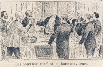Plichten van het kind op school: Plichten van Meesters en Bazen tegenover Dienaren en Werknemers. "Goede meesters maken goede dienaren." Gravure in "Het unieke boek van moraliteit en burgerlijke instructie, bedoeld voor studenten van de drie cursussen van  door G. Dascher
