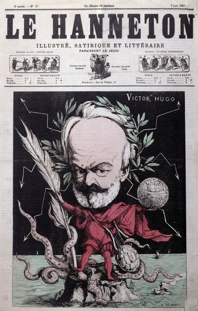 Karikatuur van Victor Hugo (1802-85) als Zeus in ballingschap op Guernsey van de voorpagina van Le Hanneton, juni 1867 door G. Deloyoti