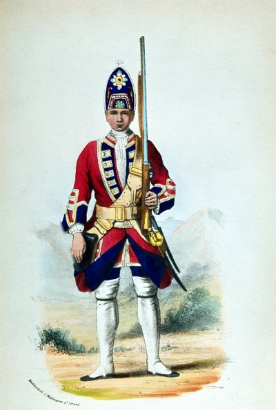 Een soldaat in de Royal North British Fusiliers in 1742, voor Cannons Military Records door G. E. Madeley