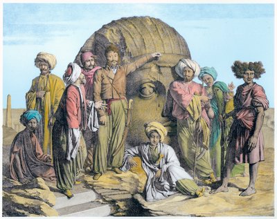 Archeoloog Bernardino Drovetti meet een kolossaal hoofd in de Egyptische woestijn door G Engelmann