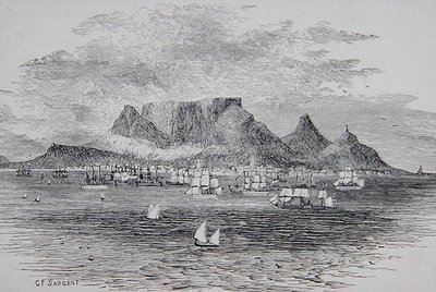 Kaapstad gezien vanaf Tafelbaai, Zuid-Afrika, uit 