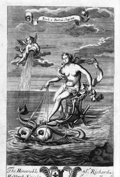 Venus rijdt op haar wagen getrokken door dolfijnen, illustratie uit Boek 1 Deel 6 Hoofdstuk 11 van 