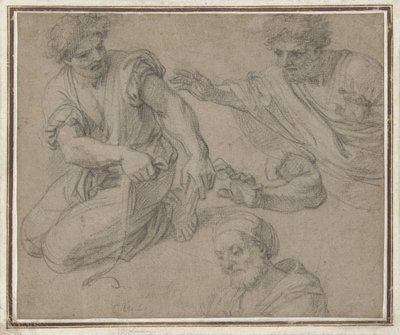 Studies van een knielende man, halffiguur, arm en buste door G. Ladan