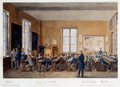 Een klaslokaal van de instelling Caillet, rue de la Cite, Parijs, 1845. Aquarel door G. Remy door G. Remy