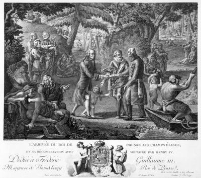 Henri IV (1553-1610) verzoent Frederik Willem II (1744-97) en Voltaire (1694-1778) op de Elyseïsche Velden, 2e helft 18e eeuw door G. Texier