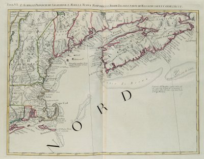Acadië, de Provincies Sagadahoc en Maine, New Hampshire, Rhode Island en deel van Massachusetts en Connecticut, gravure door G. Zuliani uit Tome I van de "Nieuwste Atlas" gepubliceerd in Venetië in 1778 door Antonio Zatta, Privécollectie door G. Zuliani