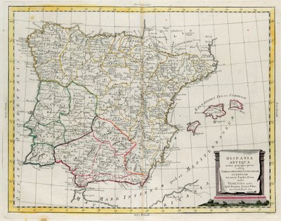 Oud Spanje verdeeld in drie verschillende gebieden, namelijk Terraconensis, Lusitania en Baetica en ook verdeeld in volkeren, gravure door G. Zuliani uit Tome I van de "Nieuwste Atlas" gepubliceerd in Venetië in 1785 door Antonio Zatta, Privécollectie door G. Zuliani