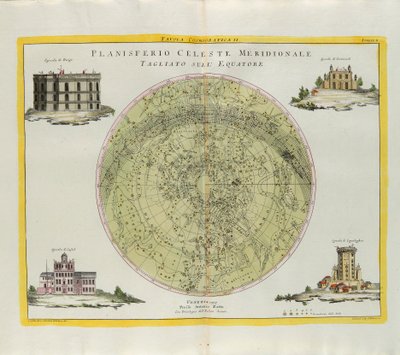 Kosmografische plaat van het zuidelijke hemelplanisfeer gesneden op de evenaar, gravure door G. Zuliani uit Tome I van de Nieuwste Atlas gepubliceerd in Venetië in 1777 door Antonio Zatta door G. Zuliani