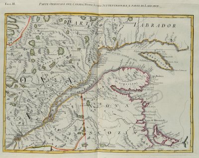 Oostelijk deel van Canada, noordelijk Nova Scotia en deel van Labrador, gravure door G. Zuliani uit Tome I van de "Nieuwste Atlas" gepubliceerd in Venetië in 1778 door Antonio Zatta, Privécollectie door G. Zuliani