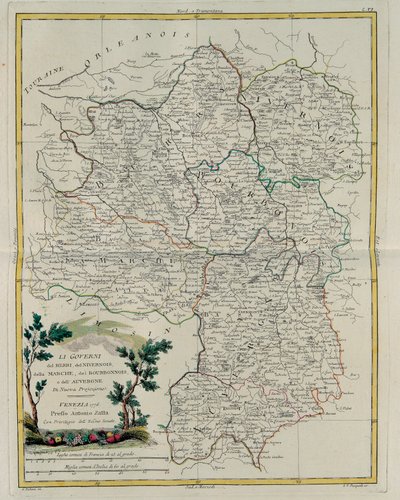 Gouvernances van Berri, Nivernois, Marche, Bourbon en Auvergne, gravure door G. Zuliani uit Tome I van de Nieuwste Atlas gepubliceerd in Venetië in 1776 door Antonio Zatta, Privécollectie door G. Zuliani