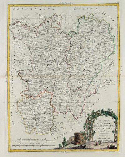 Gouvernances van Bourgogne, Franca Contea en Lyon, gravure door G. Zuliani uit Tome I van de Nieuwste Atlas gepubliceerd in Venetië in 1777 door Antonio Zatta, Privécollectie door G. Zuliani