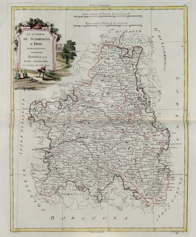 Gouvernances van Champagne en Brie, gravure door G. Zuliani uit Tome I van de Nieuwste Atlas gepubliceerd in Venetië in 1777 door Antonio Zatta, Privécollectie door G. Zuliani