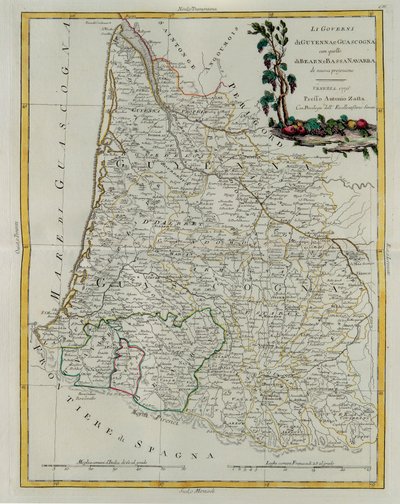 Gouvernances van Guyenne en Guascogne met die van Bearn en Neder-Navarra, gravure door G. Zuliani uit Tome I van de Nieuwste Atlas gepubliceerd in Venetië in 1776 door Antonio Zatta, Privécollectie door G. Zuliani