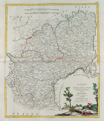 Gouvernances van Langedoc, Foix en Roussillon met Rouergue, gravure door G. Zuliani uit Tome I van de Nieuwste Atlas gepubliceerd in Venetië in 1777 door Antonio Zatta, Privécollectie door G. Zuliani