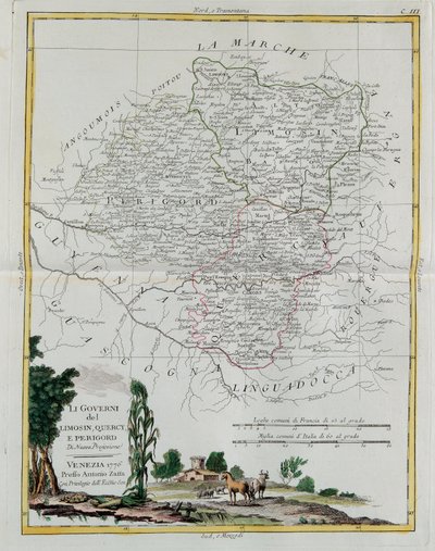 Gouvernances van Limosin, Quercy en Perigord, gravure door G. Zuliani uit Tome I van de Nieuwste Atlas gepubliceerd in Venetië in 1776 door Antonio Zatta, Privécollectie door G. Zuliani