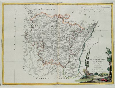 Besturen van Lotharingen, Barr en Elzas, gravure door G. Zuliani uit Tome I van de "Nieuwste Atlas" gepubliceerd in Venetië door Antonio Zatta, Privécollectie door G. Zuliani