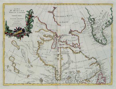 Hudson Bay, Land van Labrador en Groenland met de aangrenzende eilanden, gravure door G. Zuliani uit Tome I van de "Nieuwste Atlas" gepubliceerd in Venetië in 1778 door Antonio Zatta, Privécollectie door G. Zuliani