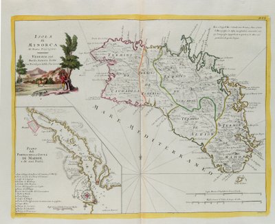 Eiland Minorca en het plan van de haven en de stad Mahon en zijn forten, gravure door G. Zuliani uit Tome I van de "Nieuwste Atlas" gepubliceerd in Venetië in 1778 door Antonio Zatta, privécollectie door G. Zuliani